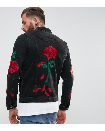 Liquor N Poker Denim Roses Embroidered Washed Black Denim Jacket