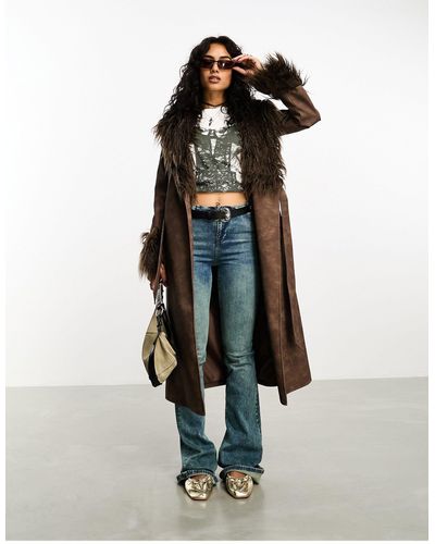 Reclaimed (vintage) Longline Leather Look Mac With Detachable Faux Fur Collar - Brown