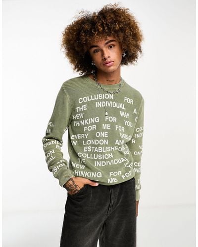 Collusion Acid Wash Text Sweater - Green