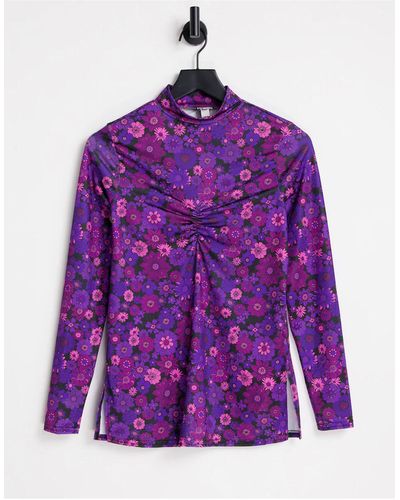 River Island Ruched Front Floral Top - Purple