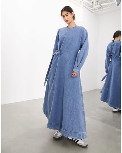 ASOS Denim Long Sleeve Maxi Dress With D Ring - Blue