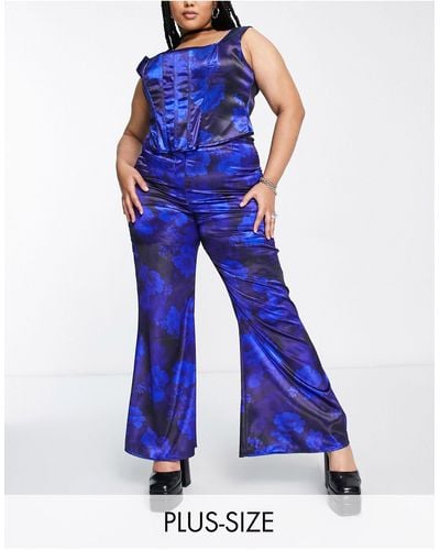 Reclaimed (vintage) Inspired Plus Satin Wide Leg Trousers - Blue