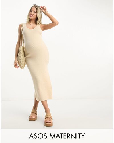 ASOS Asos Design Maternity Knitted V Neck Midi Dress - Natural