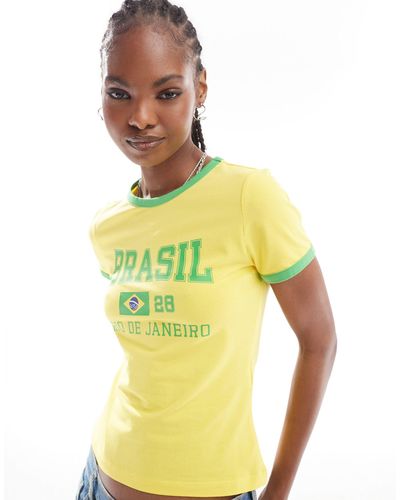 Noisy May T-shirt gialla da stile football con stampa del brasile - Blu