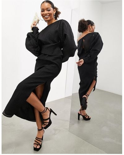 ASOS Volume Plisse Long Sleeve Maxi Dress - Black