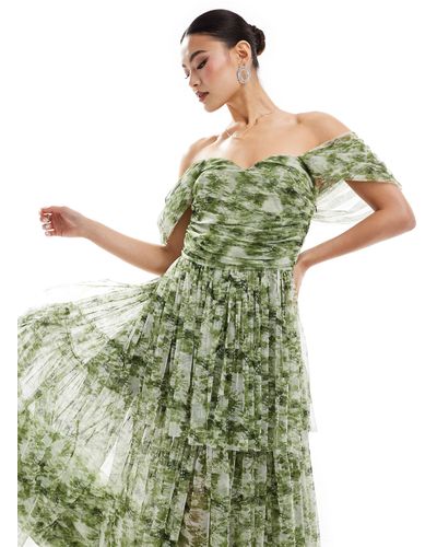 LACE & BEADS Off Shoulder Tulle High Low Maxi Dress - Green
