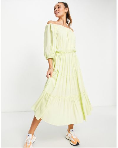 SELECTED Femme Midi Dress With Gathering And Tiered Full Skirt - Yellow
