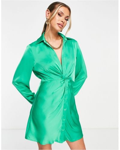 Aria Cove Satin Twist Front Mini Shirt Dress - Green