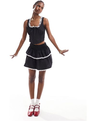 Daisy Street Shirred Waist Frill Mini Skirt With Lace Trim - Black