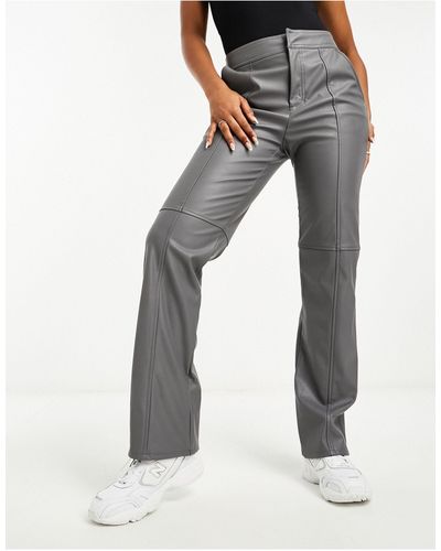 ASOS Faux Leather Seam Detailed Straight Leg Trousers - Grey