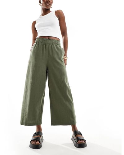 New Look Linen Cropped Trousers - Green