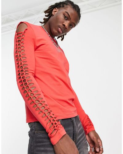 ASOS T-shirt ajusté à manches longues tressées et clous - Rouge