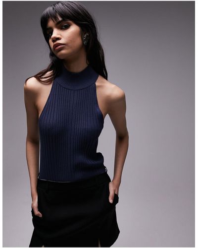 TOPSHOP Knitted Halter Neck Ribbed Top - Blue