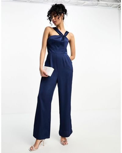 Little Mistress – asymmetrischer jumpsuit aus satin - Blau