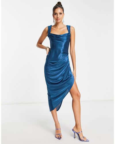 ASOS Cowl Neck Corset Satin Midi Dress - Blue
