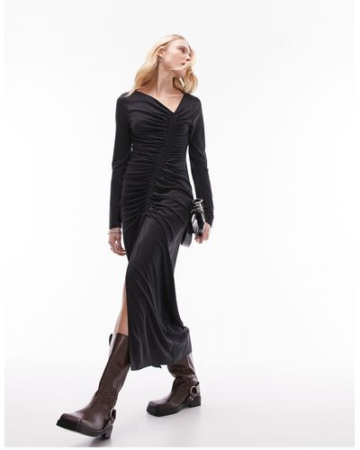 TOPSHOP Super Soft Ruched Front Long Sleeve Midi Dress - Black
