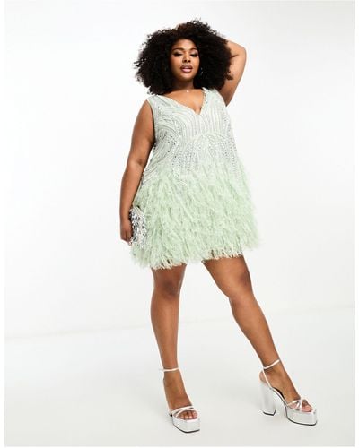 ASOS Curve Crystal And Bead Mini Dress With Faux Feather Hem - Green