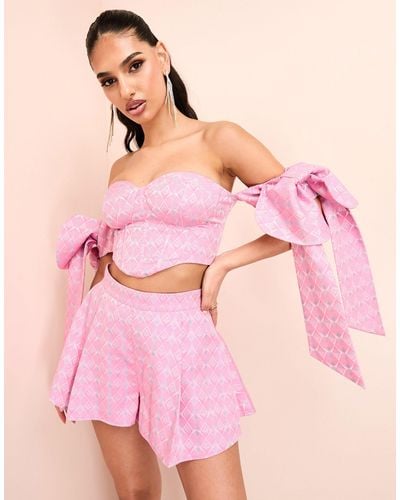 ASOS Jacquard Bandeau Corsetted Top With Bow Tie Sleeves - Pink