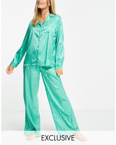 Loungeable Exclusive Satin Jacquard Spot Pajama Set Teal - Blue