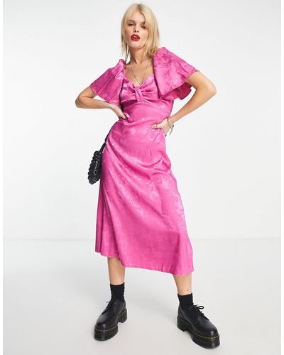 Flounce London Midi-jurk Van Satijnen Jacquard Met Fladdermouwen - Roze