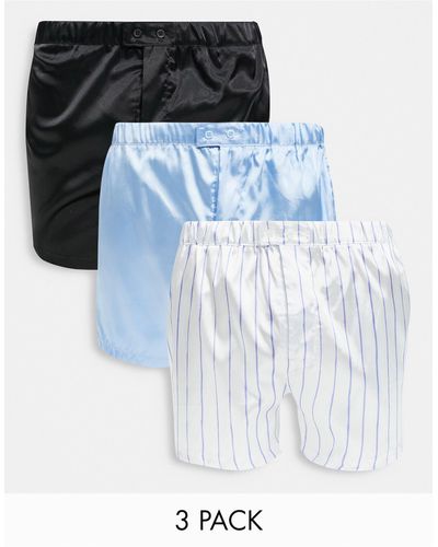 ASOS – 3er-pack boxershorts aus satin mit knopfverschluss - Blau