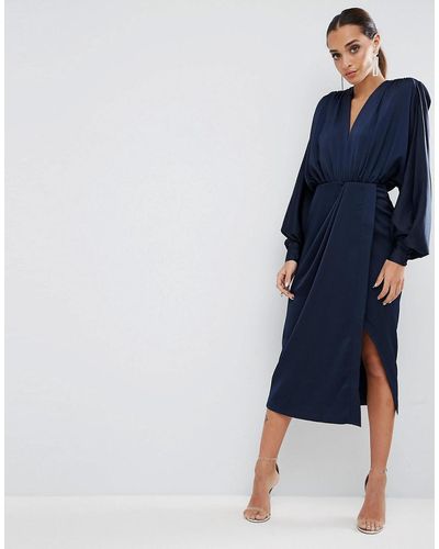 ASOS Shoulder Pad Long Sleeve Selenia Midi Dress - Blue