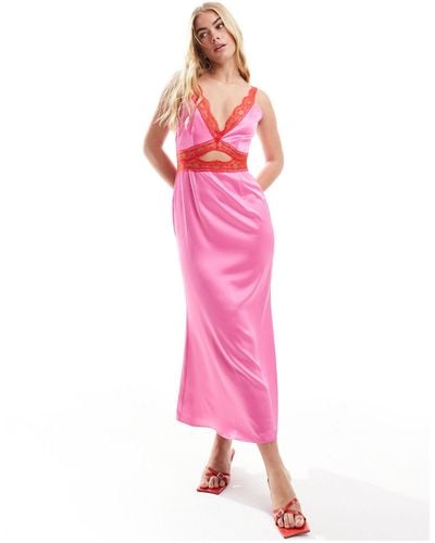 Never Fully Dressed Contrast Lace Satin Midaxi Dress - Pink