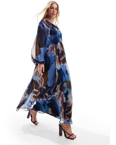 ASOS Chiffon Maxi Smock Dress With Scallop Waist - Blue