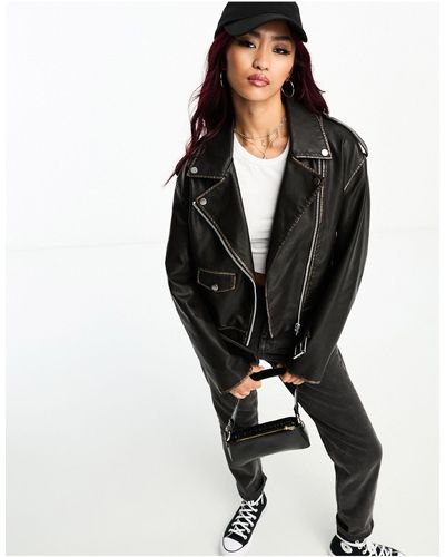 Bershka Oversized Bikerjack Met Versleten Detail - Zwart