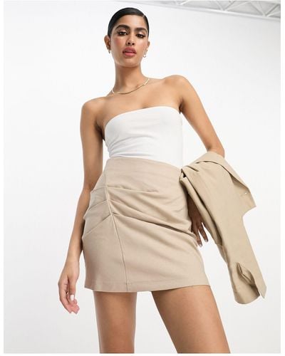 ASOS Ruched Skirt With Linen - Natural