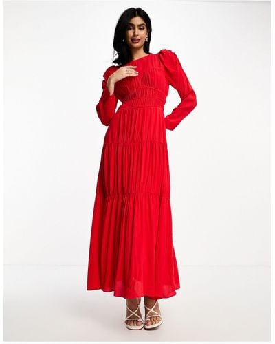DASKA Puff Sleeve Structu Bodice Maxi Dress - Red