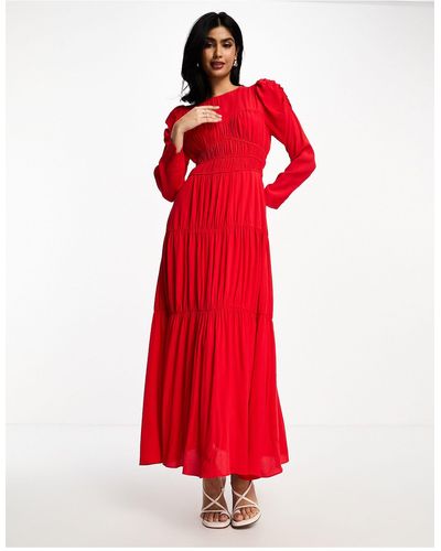 DASKA Maxi-jurk Met Gestructureerd Lijfje En Pofmouwen - Rood