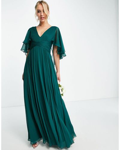 ASOS Robe longue drapée pour demoiselle d'honneur à mancherons évasés avec corsage froncé et taille croisée - forêt - Vert