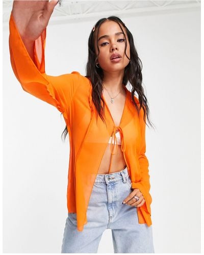 Weekday Polyester Tie Front Blouse - Orange