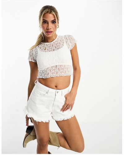 Pull&Bear Lace Crop T-shirt - White