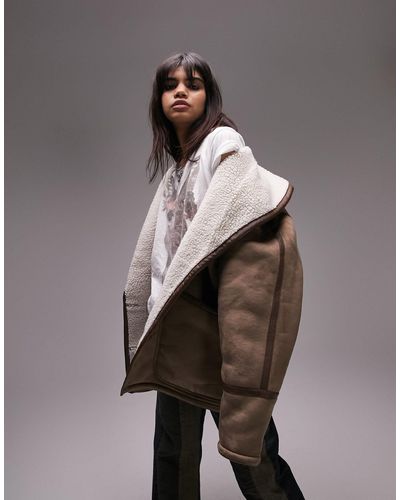 TOPSHOP – oversize-car-coat aus lammfellimitat - Grau