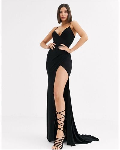 Club L London – es, tief ausgeschnittenes Maxi-Kleid mit hohem Beinschnitt - Schwarz