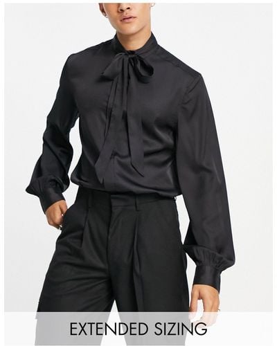 ASOS Satin Shirt With Tie Neck And Blouson Volume Sleeve - Black