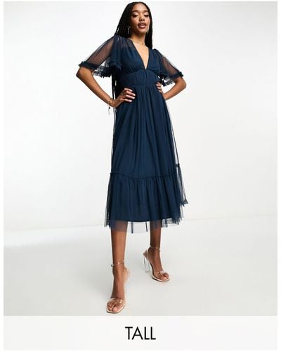 Beauut Tall Bridesmaid Tulle Midi Dress With Flutter Sleeve - Blue