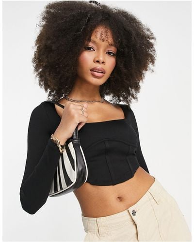 Pull&Bear Long Sleeve Corset Detail Cropped Top - Black