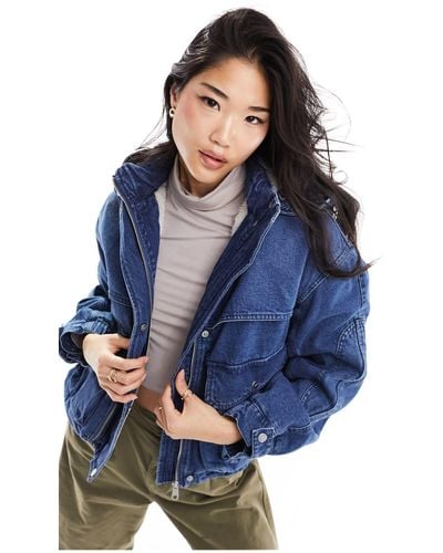 Bershka Utility Denim Hooded Jacket - Blue