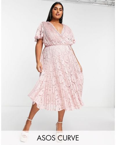 ASOS Asos Design Curve Exclusive Lace Pleated Midi Dress With Tie Detail - Pink