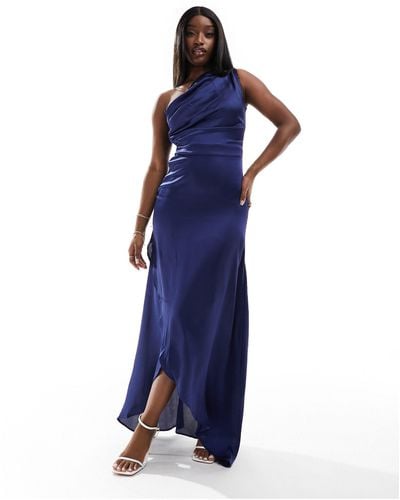 TFNC London Bridesmaid One Shoulder Satin Maxi Dress - Blue