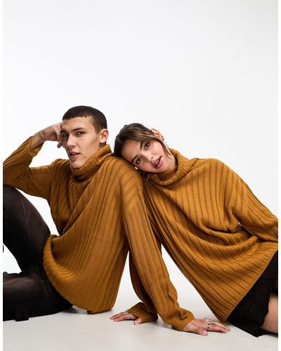 Collusion Unisex Knitted Ribbed Oversized Rollneck Jumper - Brown