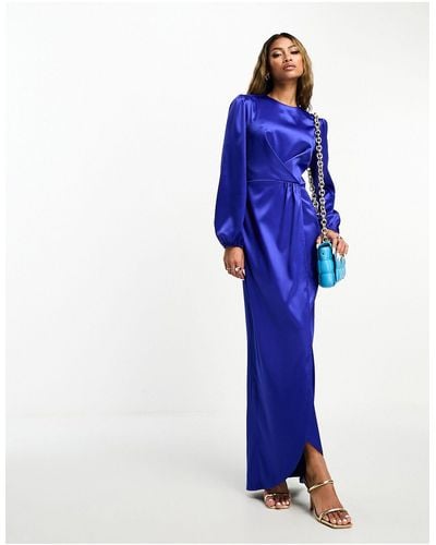 Flounce London Satin Wrap Front Maxi Dress - Blue
