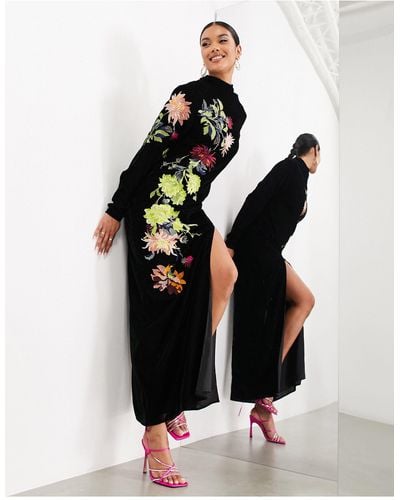 ASOS Velvet Floral Embroidered High Neck Column Maxi Dress - Black