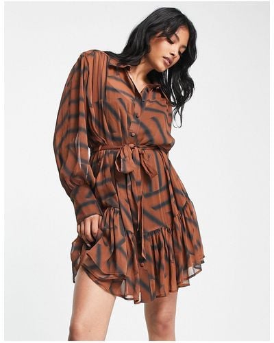 TOPSHOP Tie Front Tiered Mini Shirt Dress - Brown