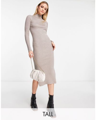 New Look Ribbed Midi Dress With Side Split - Natural