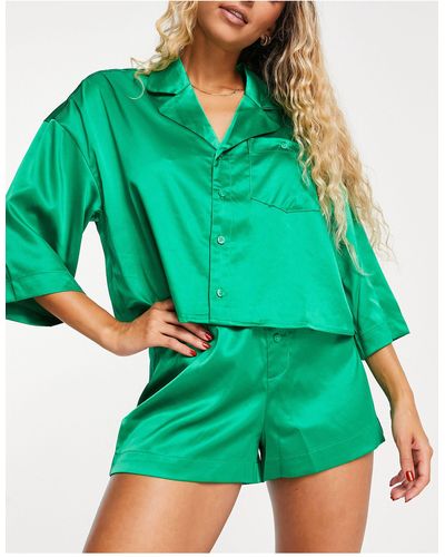 Monki Satin Shorts Pajama Set - Green