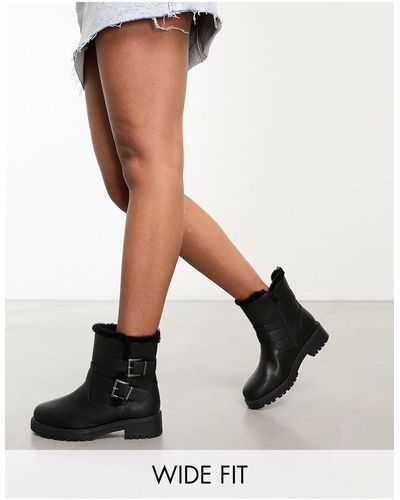 Yours Wide Fit Biker Boots With Faux Fur Lining - Black